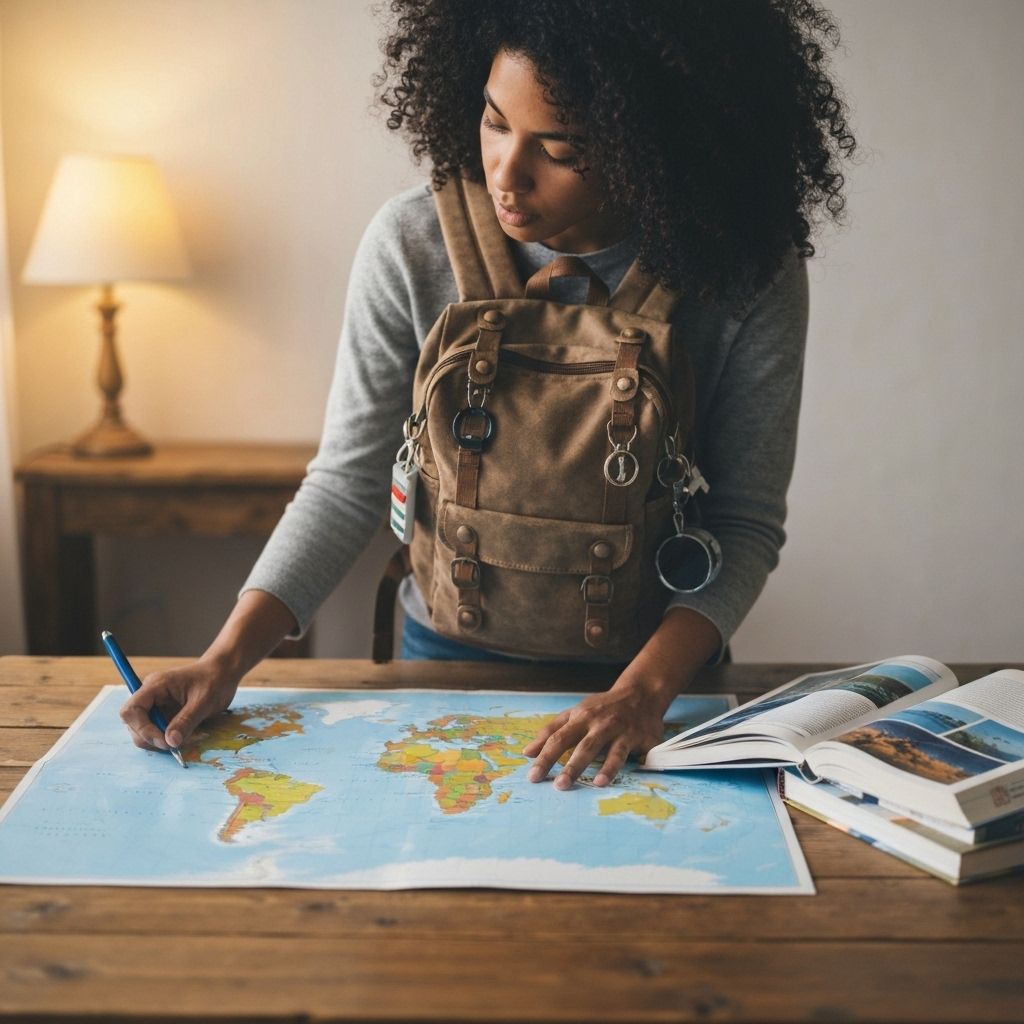 Personne planifiant son expatriation avec une carte du monde et un sac à dos